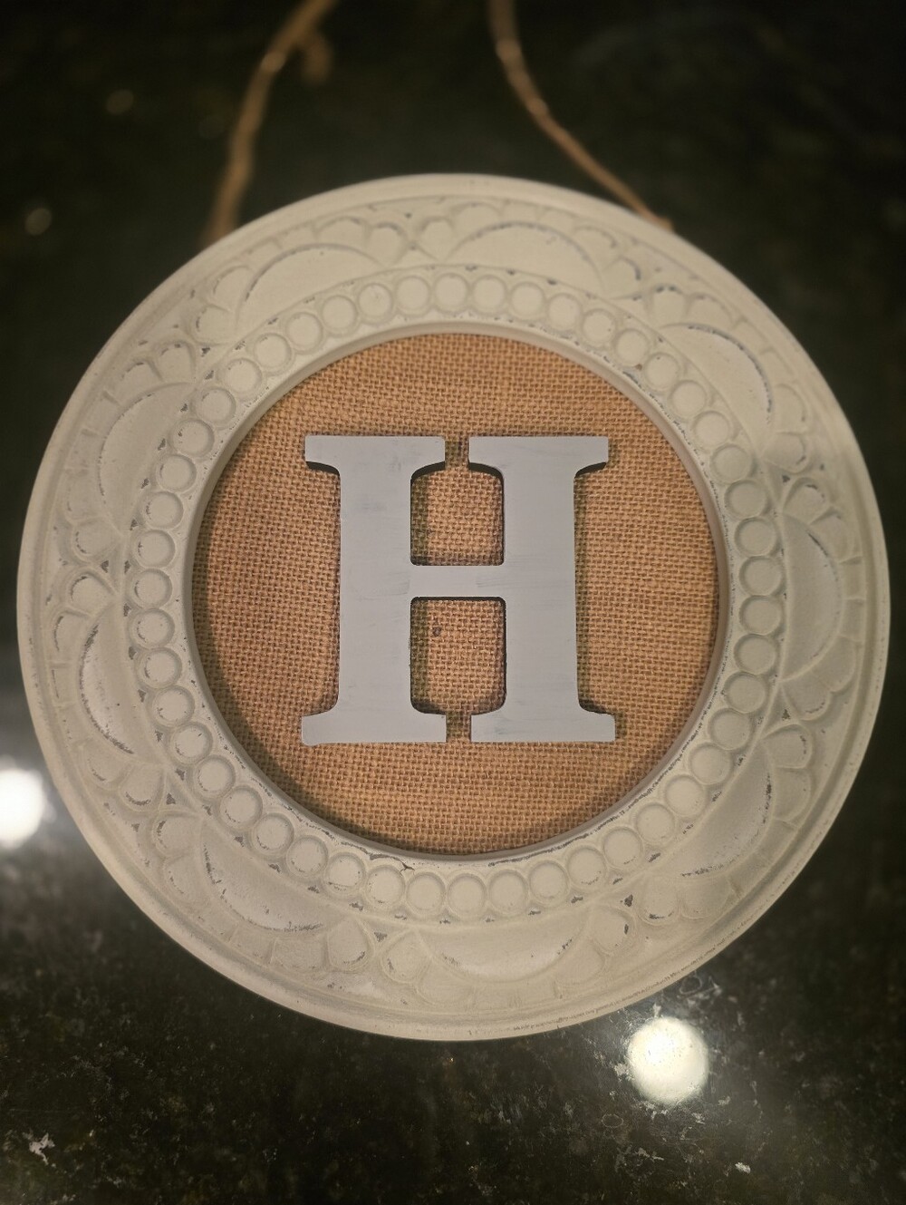 Round Decorative Frame with Letter H - White and Burlap